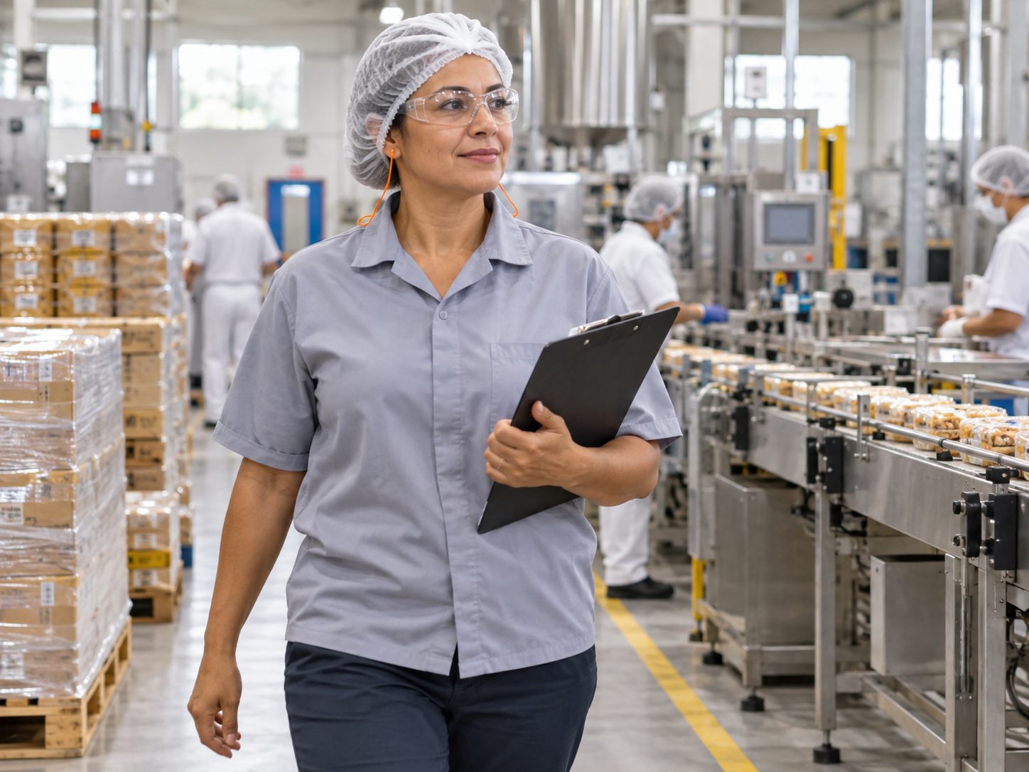 Operadora de indústria de alimento acompanhando a linha de produção